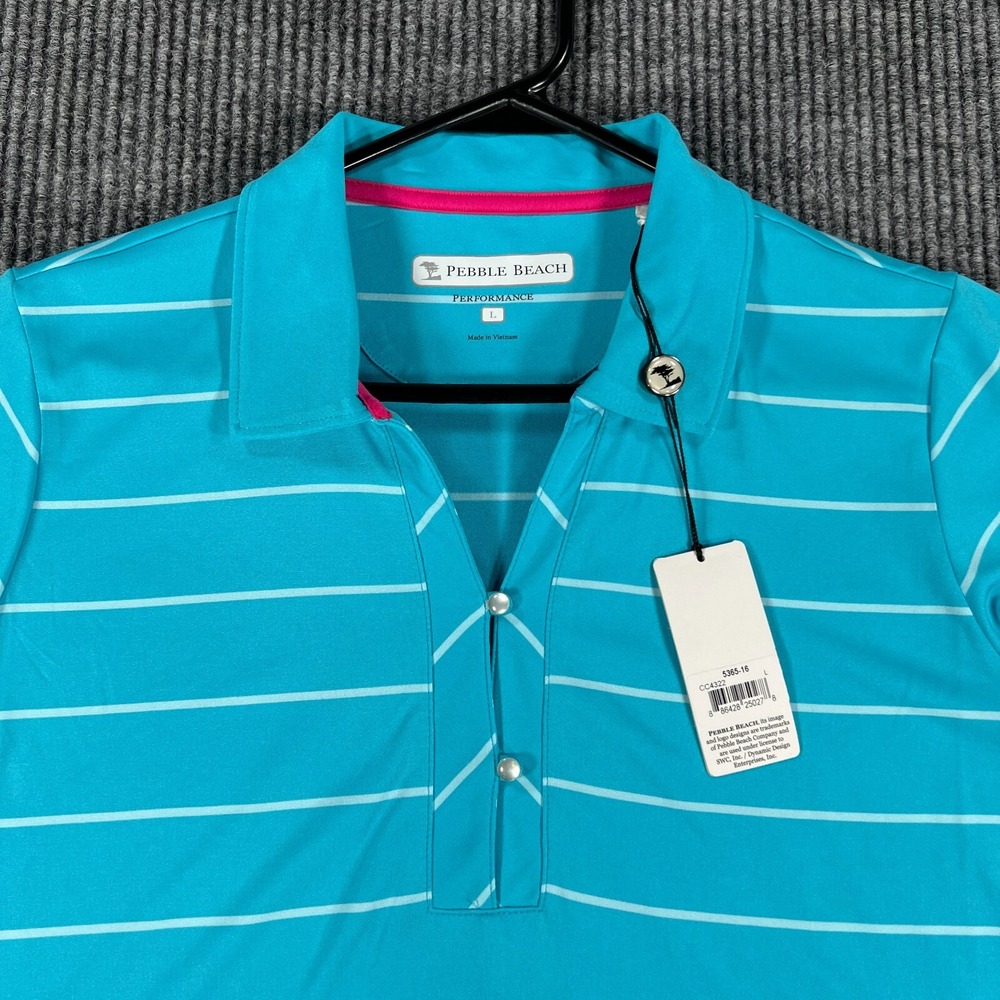 Pebble Beach Polo Shirt Womens Large Blue Striped Short Sleeve Performance New